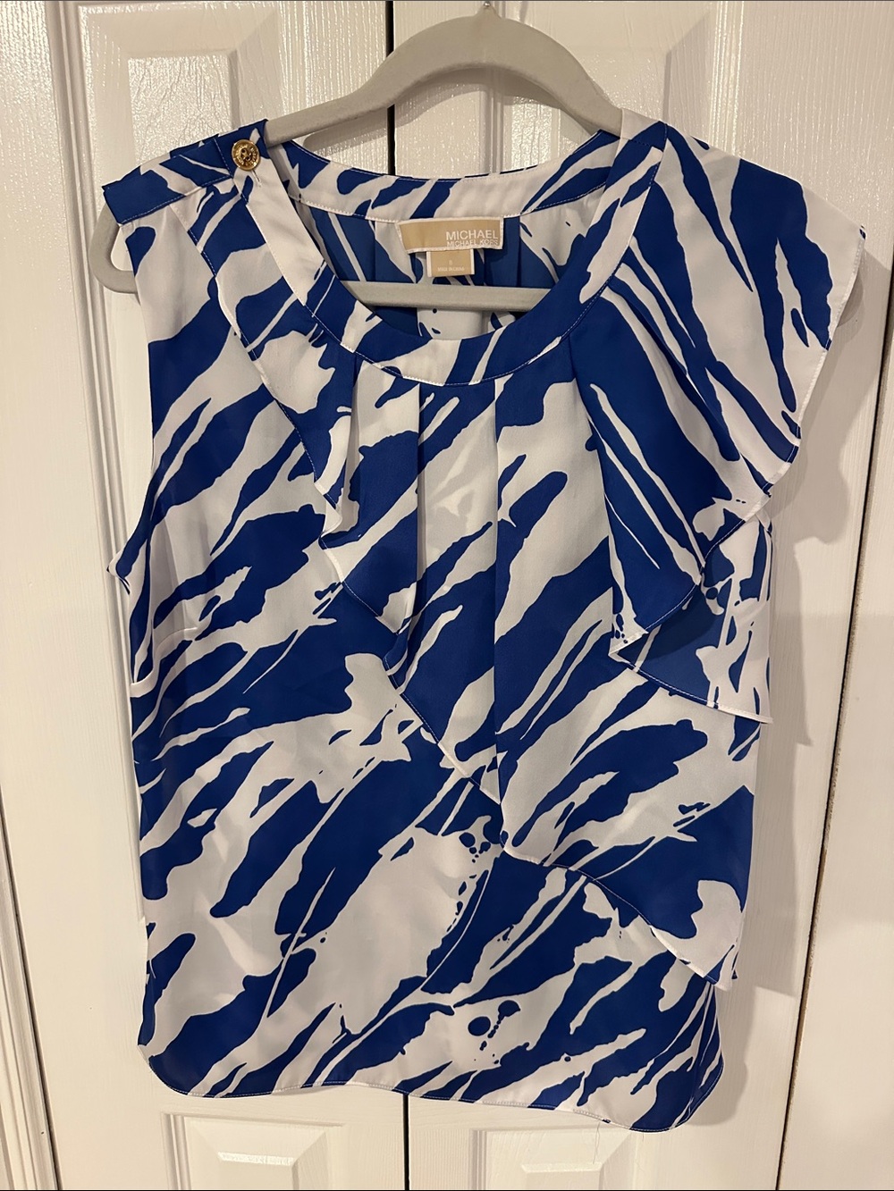 Michael Kors Blue & White Printed Ruffle Blouse